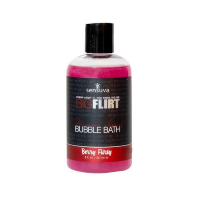 Bottle of Sensuva Big Flirt Berry Flirty pheromone-infused bubble bath, 8 fl oz with pink liquid and black cap.