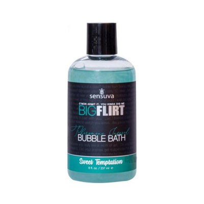 Bottle of Big Flirt Sweet Temptation pheromone-infused bubble bath with teal liquid and black label.