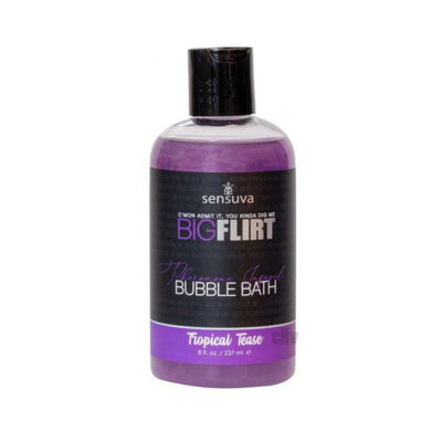 Bottle of Sensuva Big Flirt pheromone-infused Tropical Tease bubble bath with purple liquid, 8 fl oz.