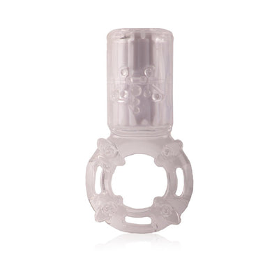 Clear flexible vibrating ring with textured surface and integrated motor for enhanced stimulation.