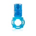Clear blue vibrating ring with textured motor and stretchy circular band for enhanced intimate pleasure.