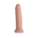 Realistic 7-inch light beige silicone dildo with suction cup base, standing upright on a white background.
