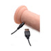 Close-up of a light silicone vibrating dildo with a USB charging cable plugged in for rechargeable use.