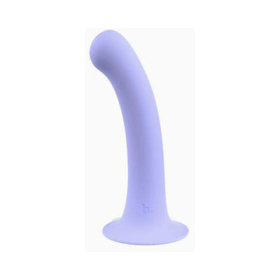 Light purple curved silicone dildo with suction cup base standing upright on a white background.