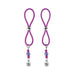 Pair of purple silicone nipple halos with adjustable silver bead and flower charm dangles with purple and pink beads.