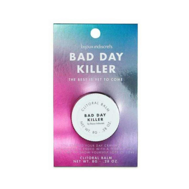 Bijoux Indiscrets Bad Day Killer clitoral balm in a small white jar on a pink and blue gradient card packaging.