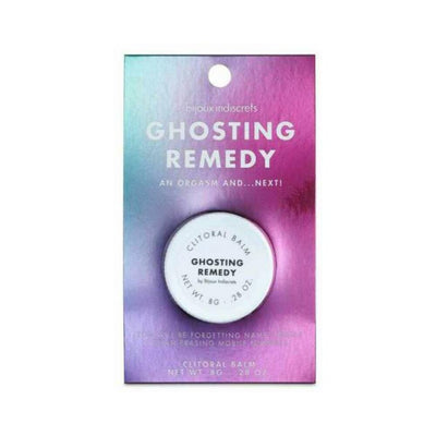 Bijoux Indiscrets Clitherapy Ghosting Remedy clitoral balm in a small white jar on a purple and blue gradient card packaging.