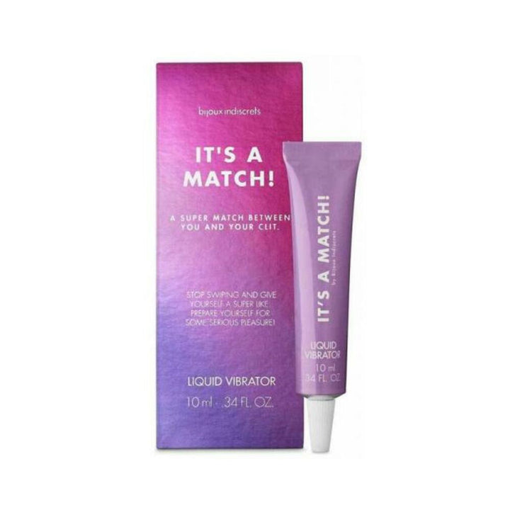Bijoux Indiscrets It's A Match liquid vibrator 10ml in purple tube with matching gradient purple-pink box packaging.