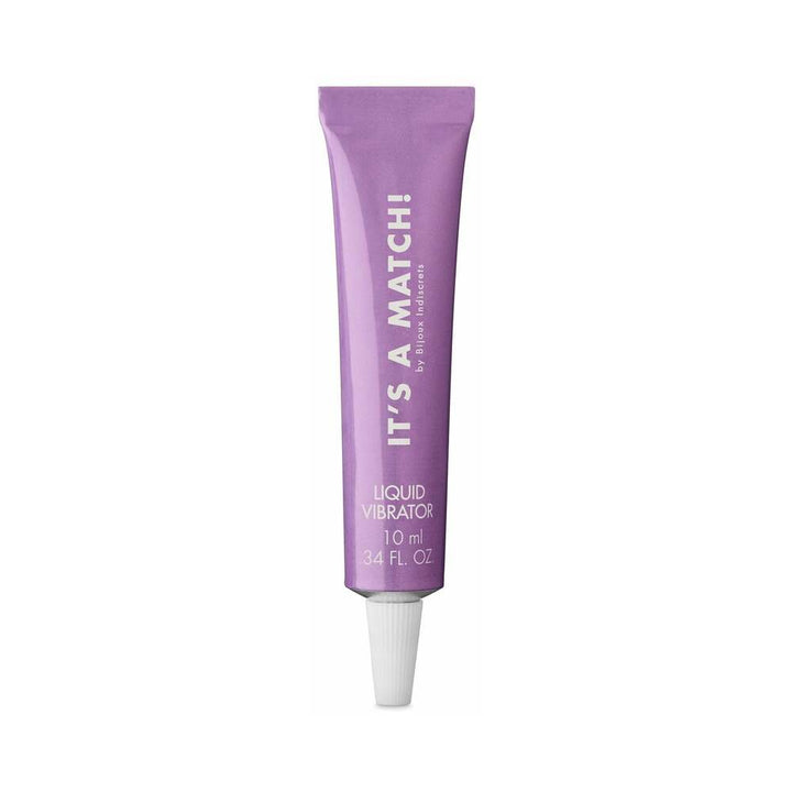 Tube of Bijoux Indiscrets It's A Match liquid vibrator in purple packaging with white cap, 10ml size.