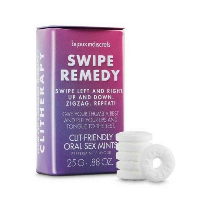 Bijoux Indiscrets Swipe Remedy clit-friendly oral sex mints in purple box with stacked white peppermint tablets.