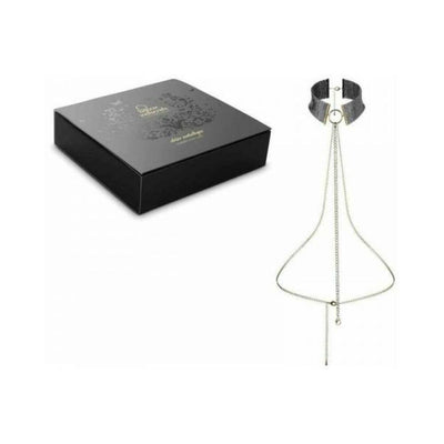 Black metallic chain collar with adjustable design and connecting chains, shown next to elegant black packaging box.