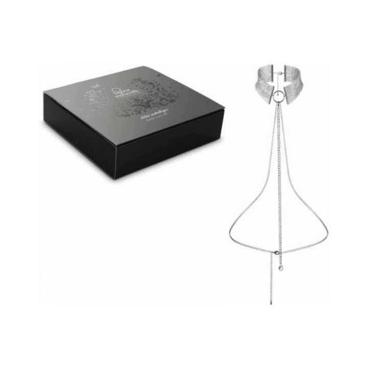 Silver metallic mesh collar with delicate chain belt displayed next to elegant black packaging box.