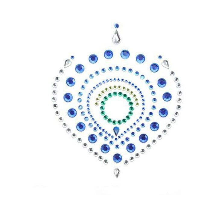 Blue, green, and clear crystal self-adhesive decorative body jewels in a symmetrical teardrop pattern
