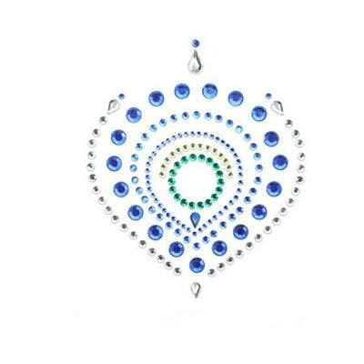 Blue, green, and clear crystal self-adhesive decorative body jewels in a symmetrical teardrop pattern