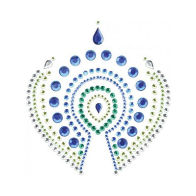 Blue, green, and silver crystal adhesive body jewels arranged in an ornate symmetrical pattern.