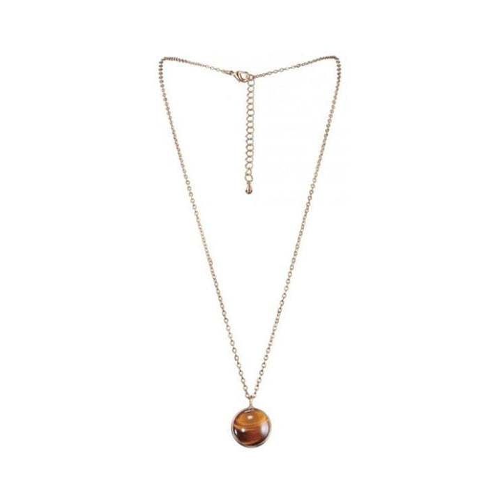 Gold chain necklace with a round Tiger Eye gemstone pendant for Gemini zodiac sign.