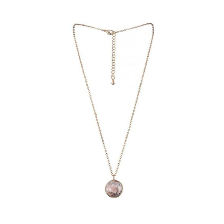Delicate gold chain necklace with a round Rhodochrosite gemstone pendant for Libra zodiac sign.