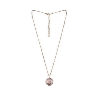 Delicate gold chain necklace with a round Rhodochrosite gemstone pendant for Libra zodiac sign.