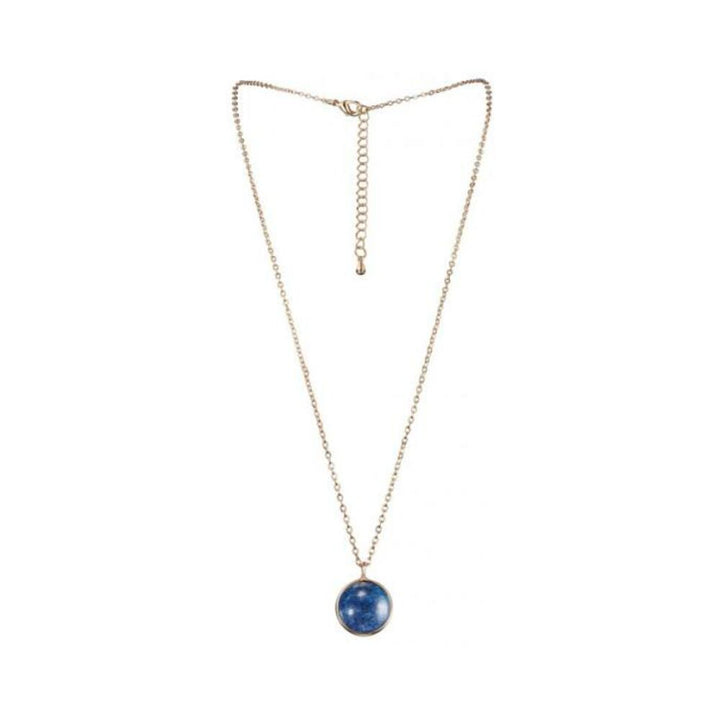 Delicate gold chain necklace with a round deep blue Lapis Lazuli pendant for Sagittarius zodiac sign.