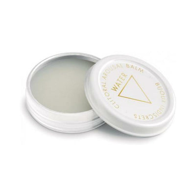 Open white tin of Bijoux Indiscrets Water element clitoral arousal balm with gold lettering on lid.