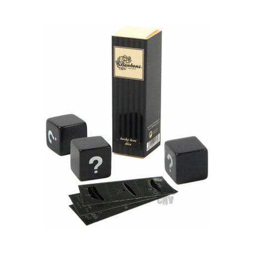 Bijoux Indiscrets Lucky Love Dice set with three black dice, question mark symbols, and customizable sticker sheets.