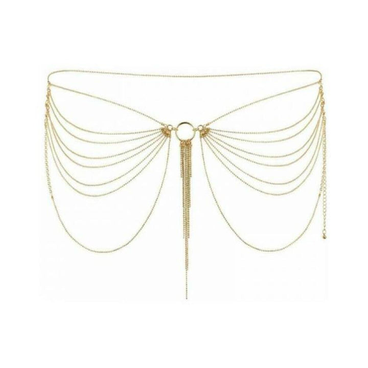 Delicate gold chain waist jewelry with cascading draped chains and central ring detail from Bijoux Indiscrets Magnifique Collection.