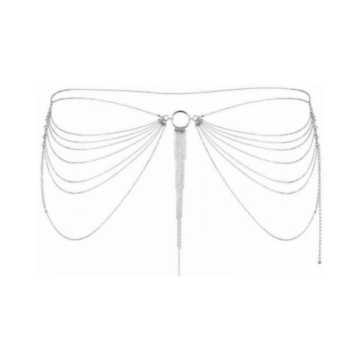 Silver chain waist jewelry with cascading delicate chains and central ring detail from Bijoux Indiscrets Magnifique Collection.