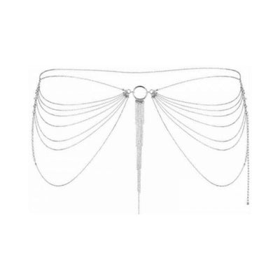 Silver chain waist jewelry with cascading delicate chains and central ring detail from Bijoux Indiscrets Magnifique Collection.