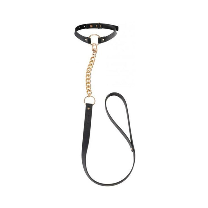 Black vegan leather choker with gold chain and matching leash from Bijoux Indiscrets Maze Collection.