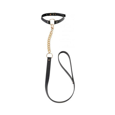 Black vegan leather choker with gold chain and matching leash from Bijoux Indiscrets Maze Collection.