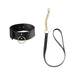 Black vegan leather choker with gold ring and matching leash featuring a gold chain detail.