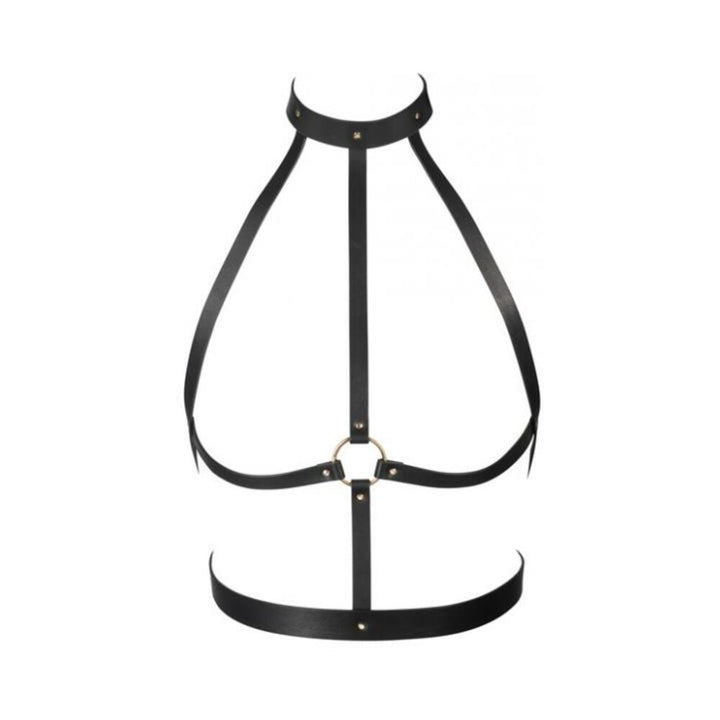 Black vegan leather Maze H-Harness with adjustable straps and metal ring detail for versatile styling.