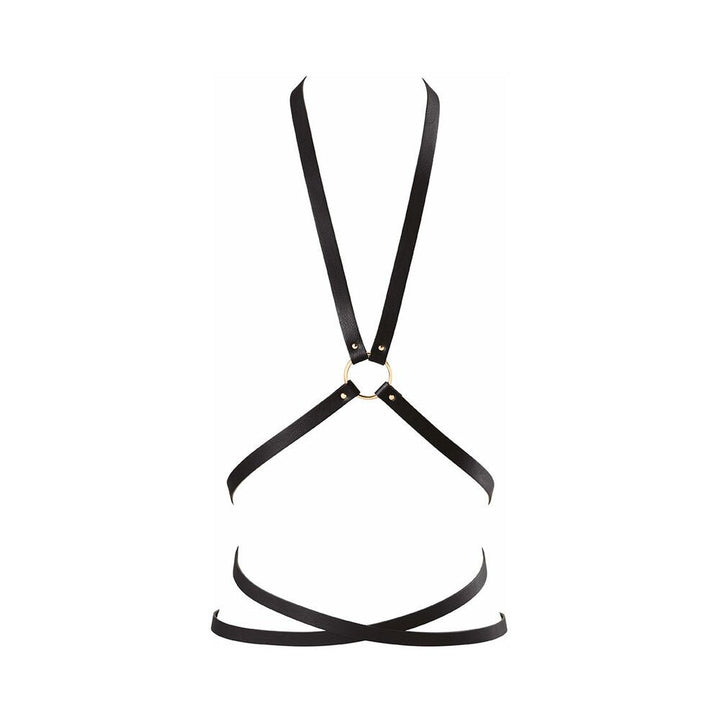 Black vegan leather multi-way body harness with gold ring detail and adjustable straps.