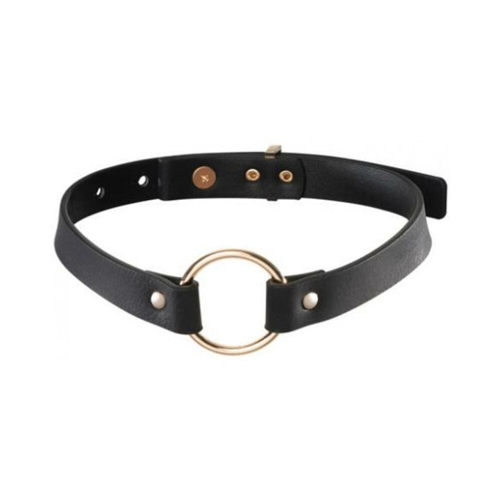 Black vegan leather choker with a gold-tone circular ring and adjustable snap closures.