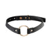 Black vegan leather choker with a gold-tone circular ring and adjustable snap closures.