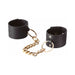 Black wide vegan leather cuffs connected by a detachable gold-tone chain with large rings and clasp closures.