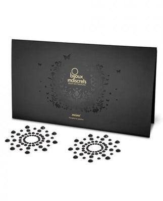 Bijoux Indiscrets Mimi Circles black rhinestone pasties with elegant circular design and black packaging.