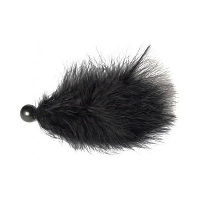 Black marabou feather tickler with a small round handle for gentle sensory play.