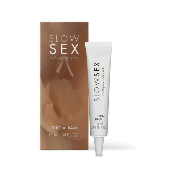 Bijoux Indiscrets Slow Sex Clitoral Balm tube and brown packaging with floral design, 10 ml size.