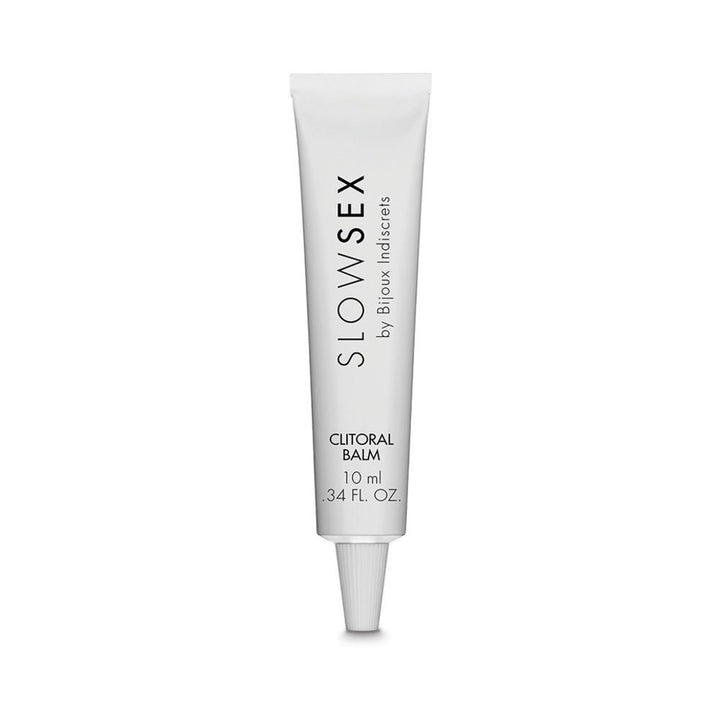 Tube of Bijoux Indiscrets Slow Sex Clitoral Balm in white packaging with black text, 10 ml size.