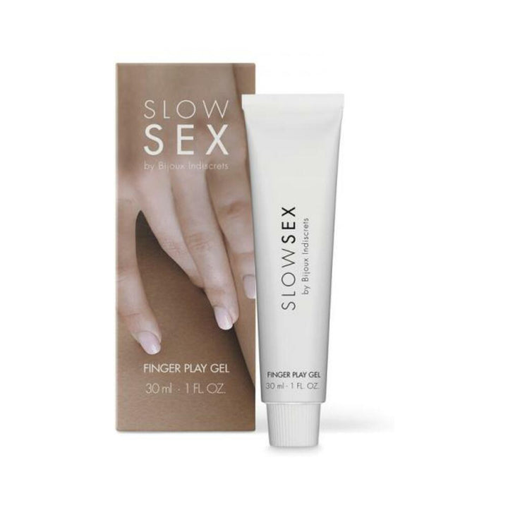 Bijoux Indiscrets Slow Sex Finger Play Gel tube and packaging with hand image, 30ml size, for enhanced sensual touch.