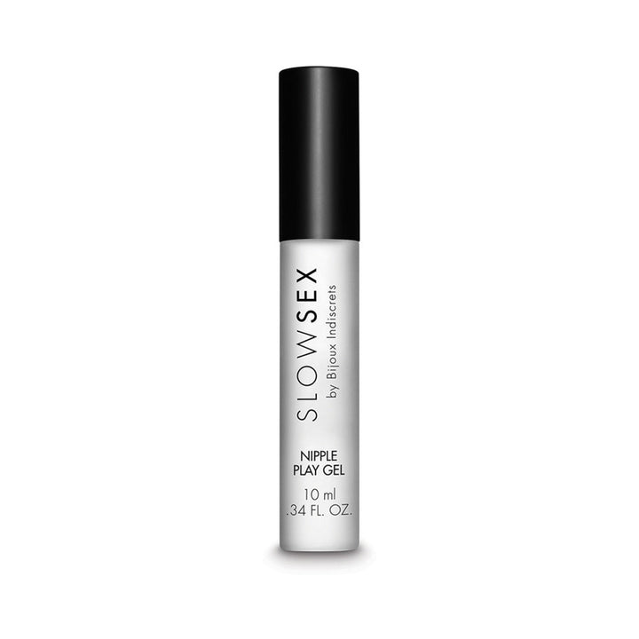 Bijoux Indiscrets Slow Sex Nipple Play Gel in a sleek white and black 10ml roll-on bottle on white background.
