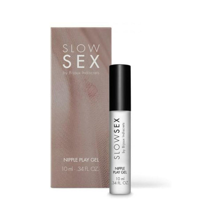 Bijoux Indiscrets Slow Sex Nipple Play Gel 10ml with sleek white and black roll-on bottle and textured beige packaging.