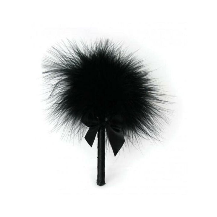 Black feather tickler with satin bow and wrapped handle for gentle sensory play and teasing.