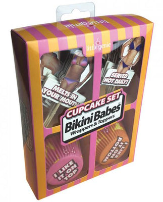 Bikini Babe Cupcake Set with colorful wrappers and playful bikini-themed toppers in bright striped packaging.