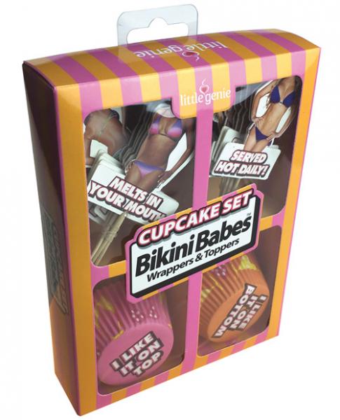 Bikini Babe Cupcake Set with colorful wrappers and playful bikini-themed toppers in bright striped packaging.