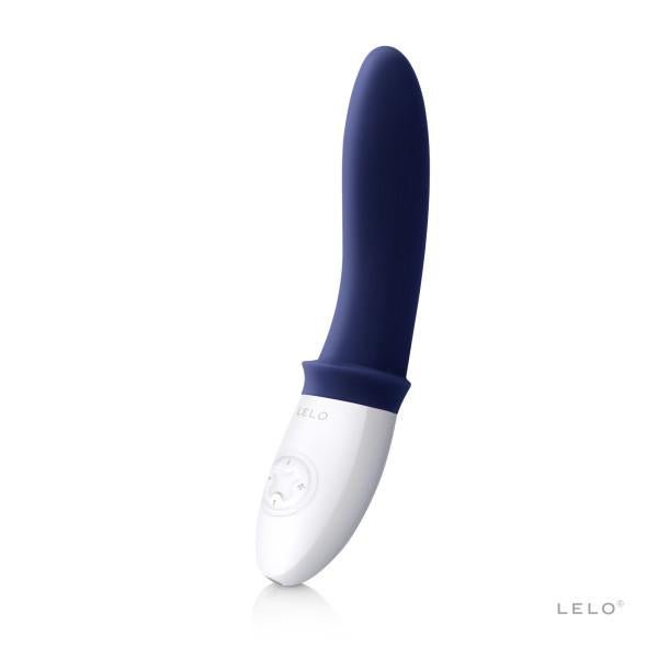 Deep blue ergonomic prostate massager with white control base and smooth silicone finish by Lelo.