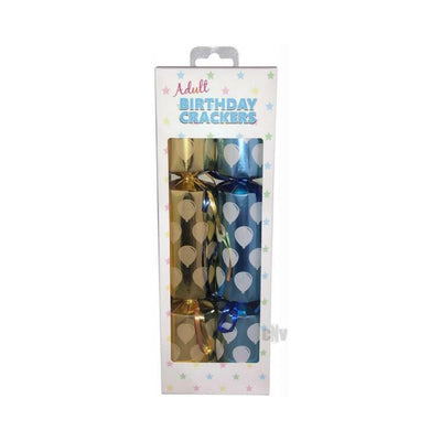 Pack of four adult birthday crackers in gold and blue with balloon patterns in festive white box with star accents.