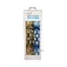 Pack of four adult birthday crackers in gold and blue with balloon patterns in festive white box with star accents.