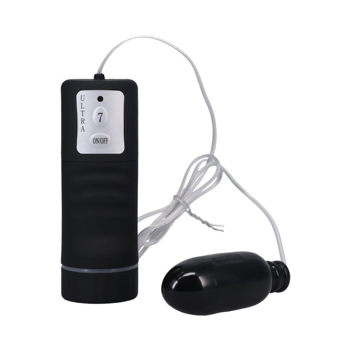 Black Magic Bullet vibrator with wired remote control featuring seven-speed settings and on/off button.